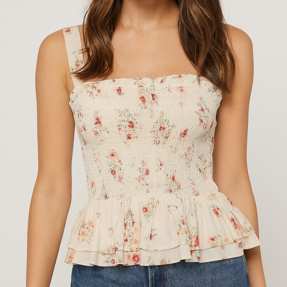 Floral White Square Neck Peplum Smocked Sleeveless Stretch Top S Cottagecore